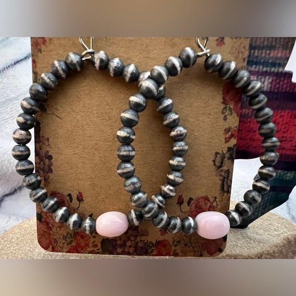 ❤️ 3mm Desert Pearl & Queen Pink Conch Southwestern Dangle Hoop Earrings 9.4gms - Picture 12 of 12